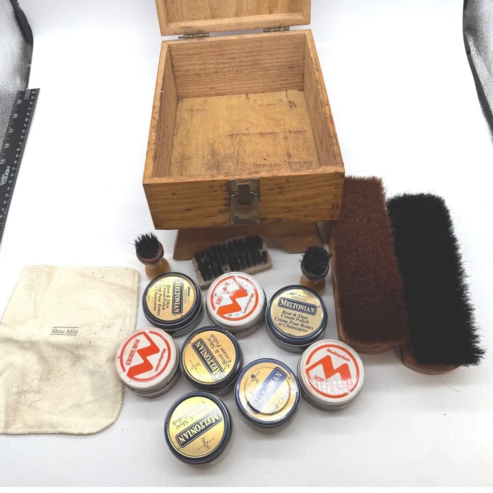 Vtg Oak Wood Shoe Shine Box Kit Footrest Supplies Haberdashery MCM  cobbler